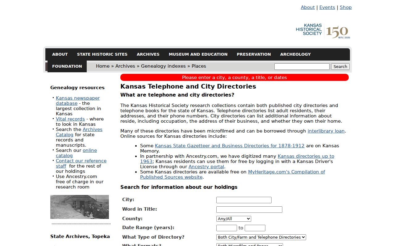Kansas Historical Society Dodge City directory holdings search results