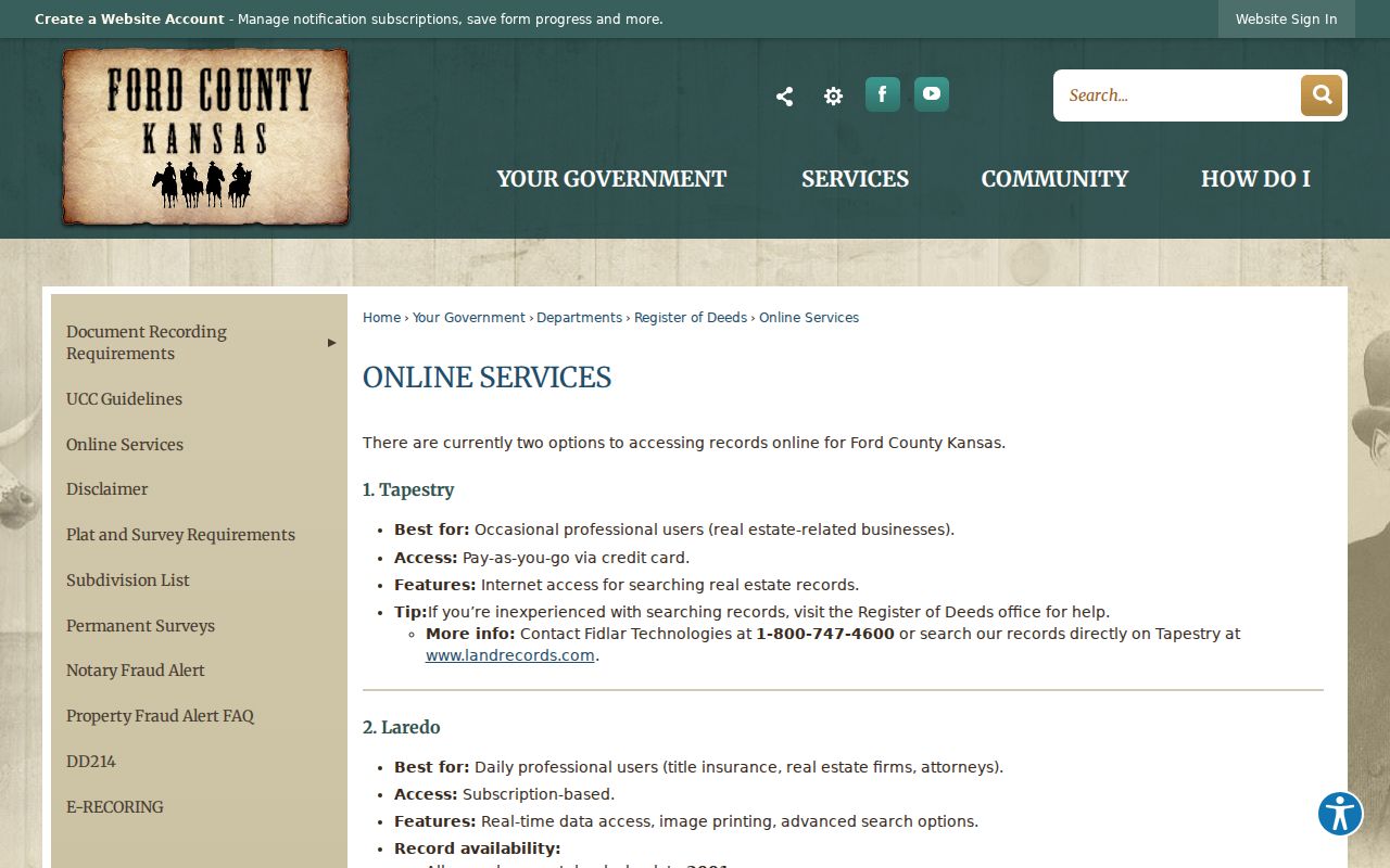 Ford County Online Services page linking deed records for the Dodge City residents directory