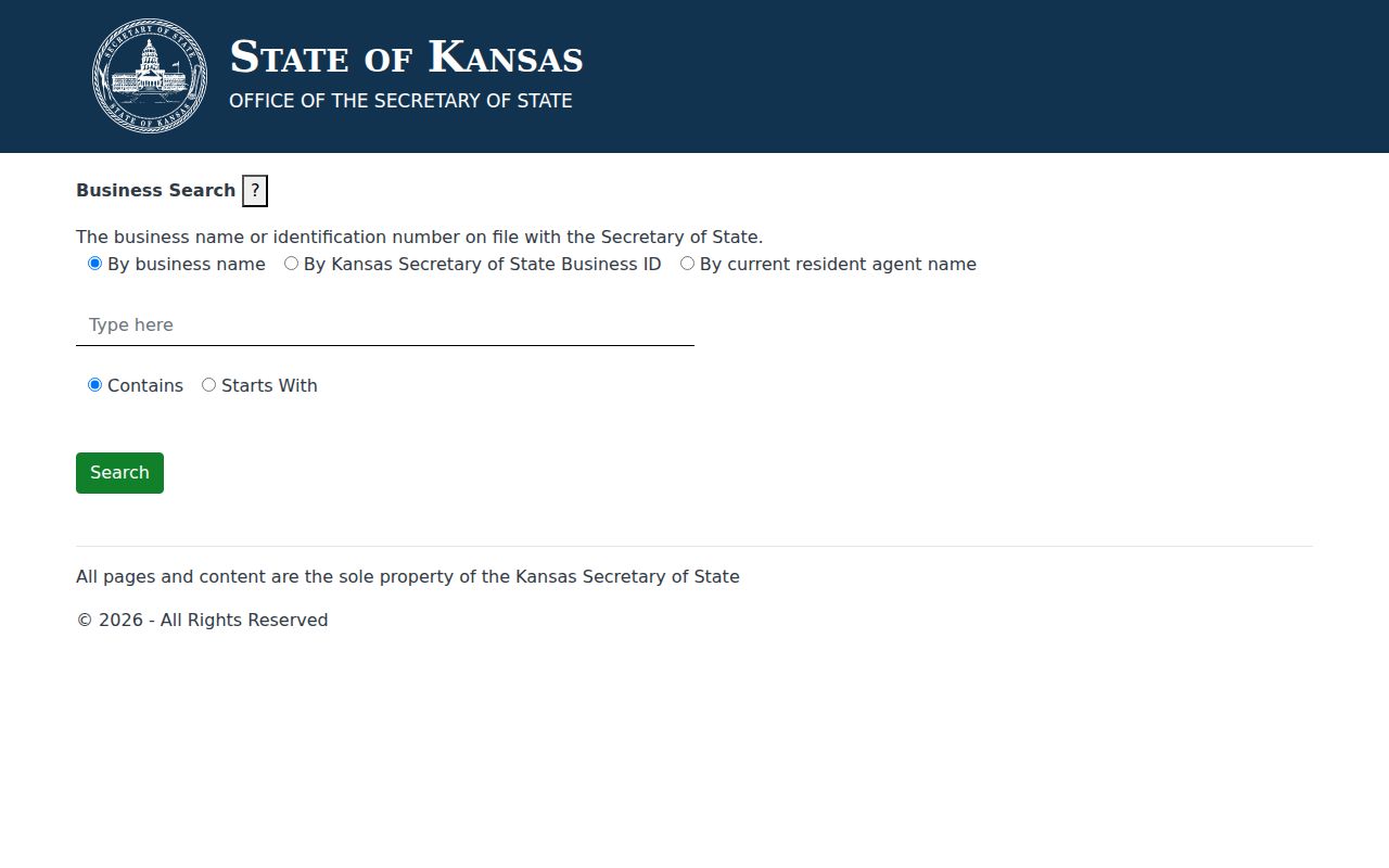 Kansas Secretary of State business entity search screen