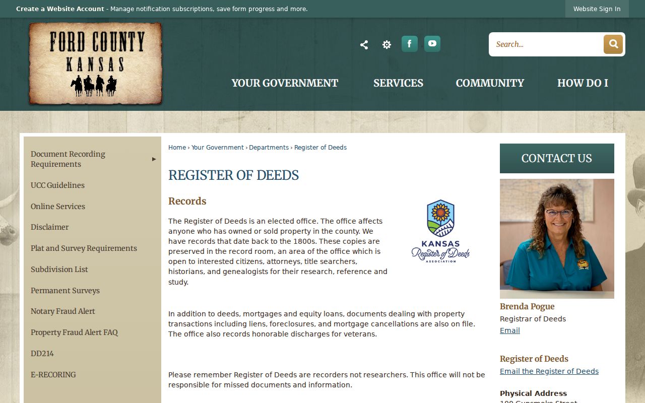 Dodge City street records access through the Ford County Register of Deeds